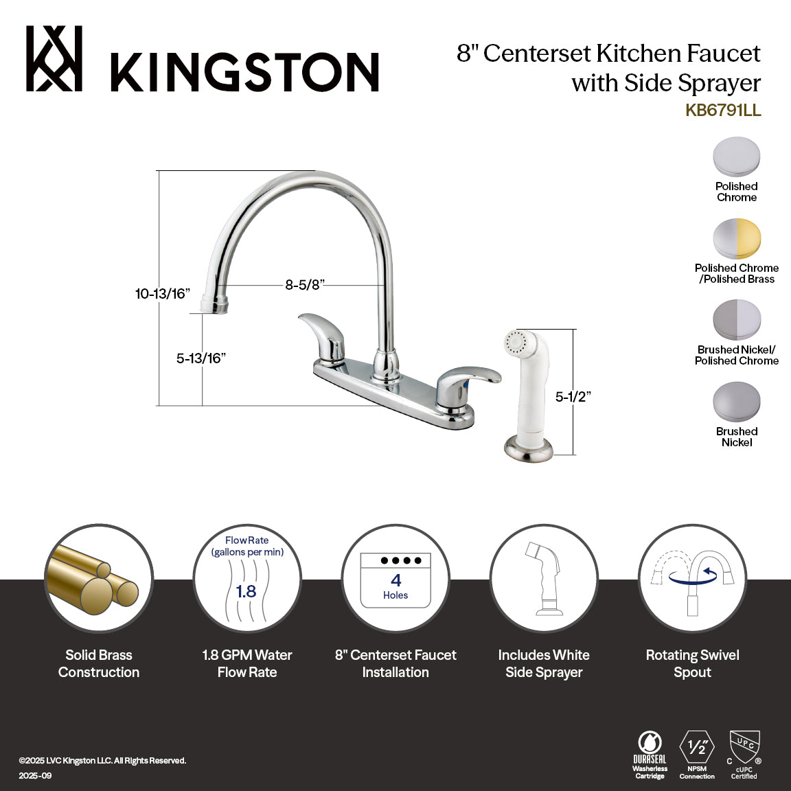 Kingston Tulare KB6791LL - Legacy Two-Handle 4-Hole 8" Centerset Kitchen Faucet with Side Sprayer, Polished Chrome — thumbnail 2